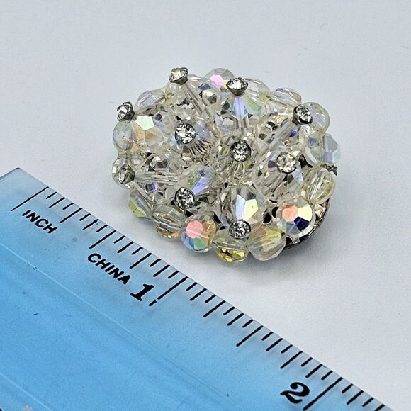 Vtg Wedding Brooch Crystal Rhinestone Accent Aurora Borealis Oval Estate Pin - Picture 9 of 9